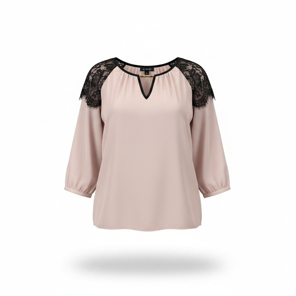 A. Byer Womens M Pink Blush V Neck Blouse Black Lace Shoulders Gold Bar 3/4